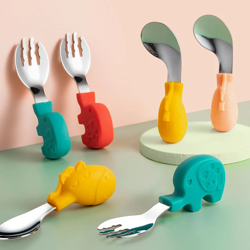 

316 силиконовые изогнутые вилки из нержавеющей стали, детская посуда, для самокормления детей, детские тренировочные инструменты