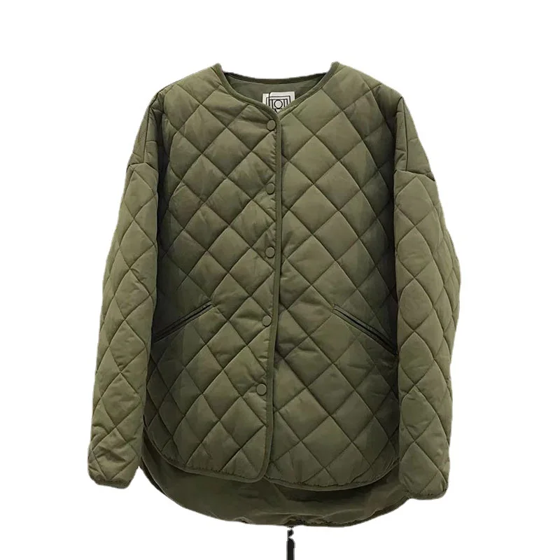 Rhombus Plaid Silhouette Padded Jacket Front Long Back Short Bread Jacket Army Green Padded Jacket