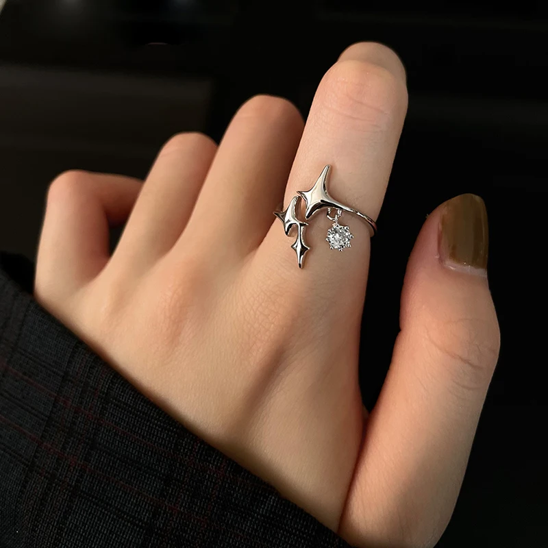 

New Punk Silver Color Four Pointed Star Ring Zircon Pendant Original Handmade Adjustable Size Ring For Women