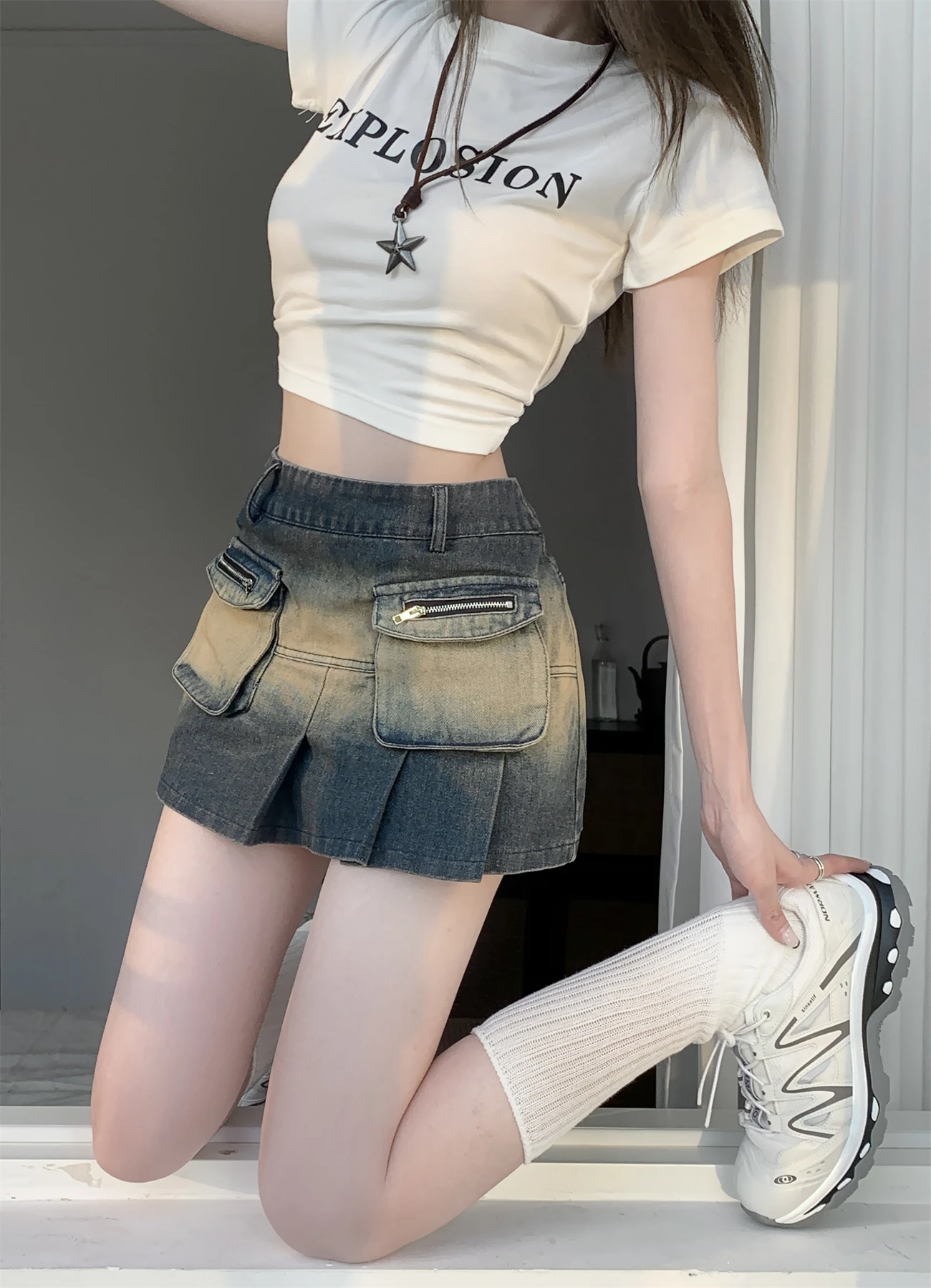 

Summer Vintage Punk Style Personality Street Girl Hot Chick Zipper Pocket Denim A-LINE Pleated miniSkirt No Leggings Beltless