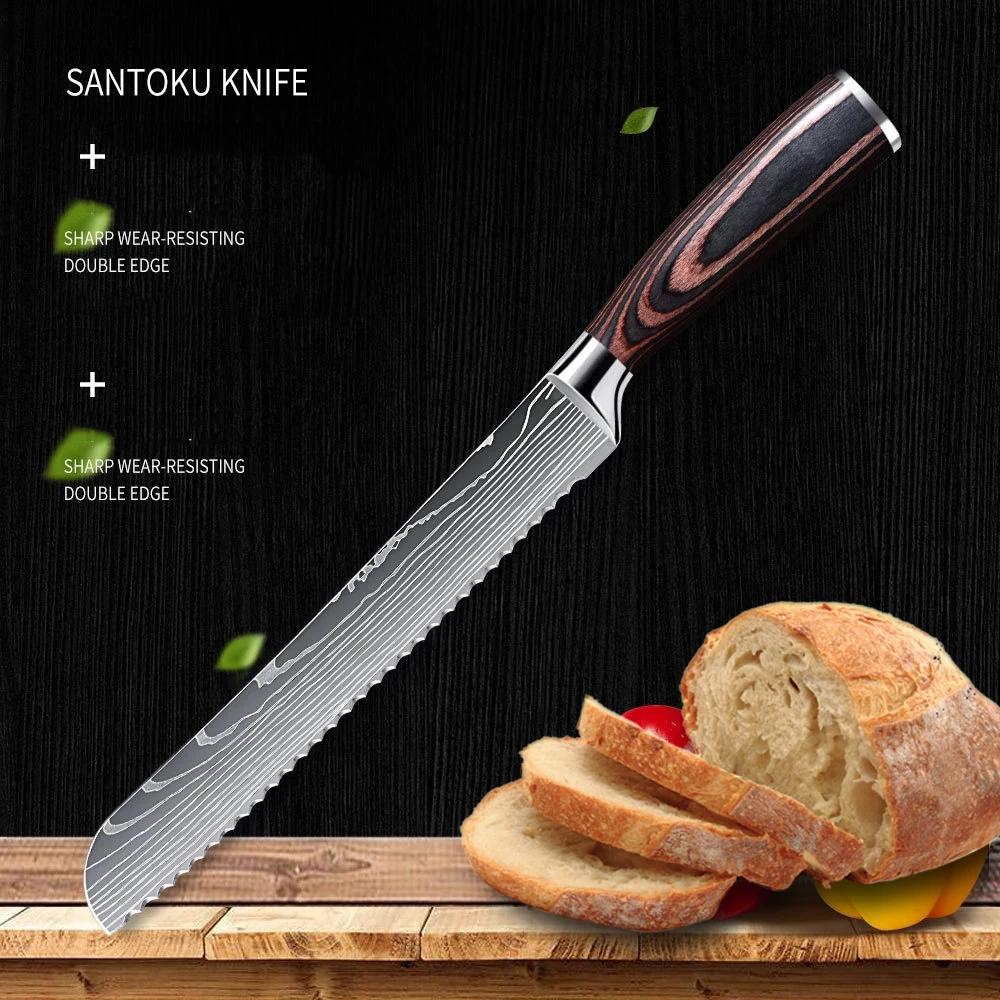 

8 Inch Bread Knife Professional Cheese Toast Knife Stainless Steel Damascus Knives Wood Handle Slicing Knife Chef Kitchen Knives