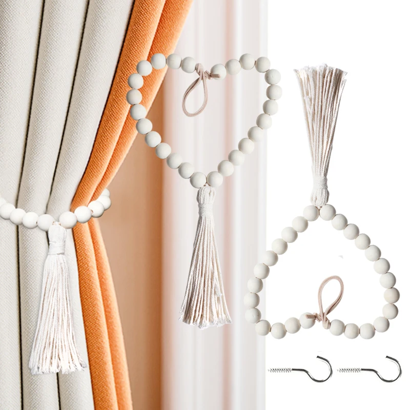 

Macrame Curtain Tiebacks Hand-Woven Cotton Rope Wooden Bead Tasse Window Braided For Living Room Holdback Window Curtain Deocr