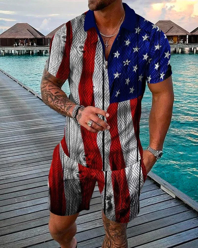 Summer Men's Polo Shirt Set  American Flag Print Zipper Short Sleeve Tracksuit Oversized 2 Piece Casual Polo Outfit Men Clothing