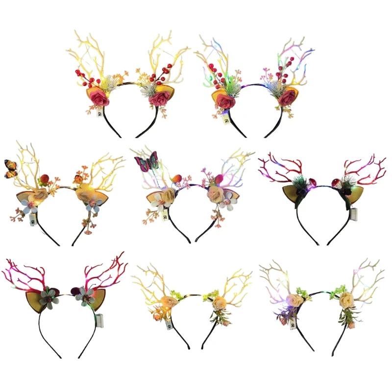 

L93F Festive Light Up Headband Merry Christmas Headdress Luminous Reindeer Antler Hair Hoop Holiday Headdress Home Ornament