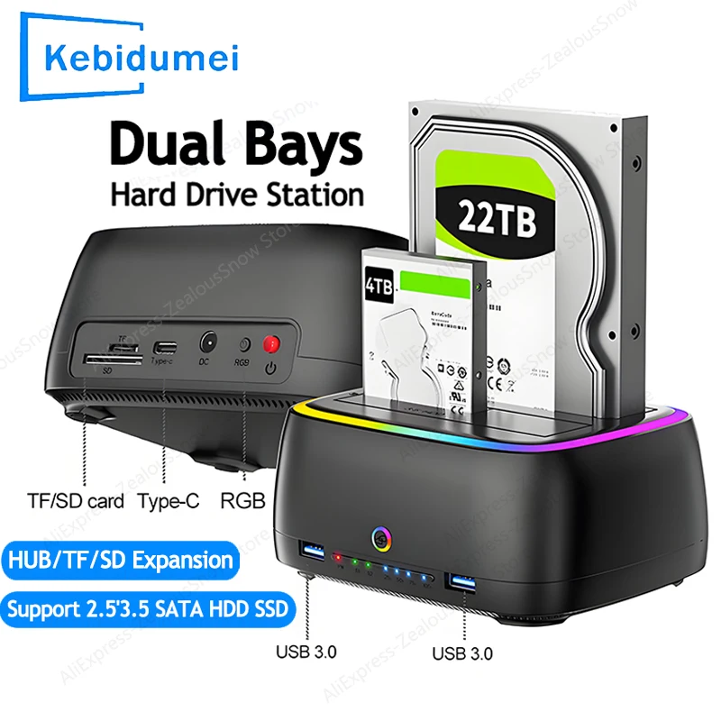 Фото Док-станция RGB с двумя отсеками для жесткого диска, адаптер SATA-USB 3.0 для корпуса жесткого диска 2,5/3,5 дюйма, автономный клонированный корпус одним щелчком мыши №1
