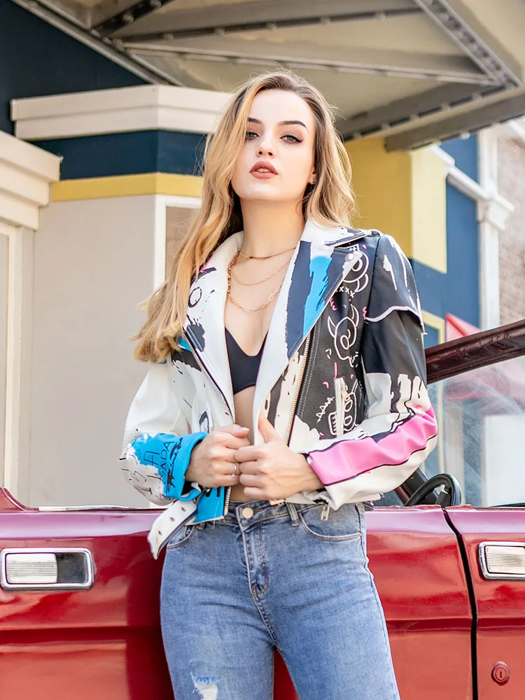 Punk Cropped Faux Leather Women Jacket 2023 Trend Fashion Streetwear Graffiti Printed Motorcycle Leather Jacket Ladies Outerwear
