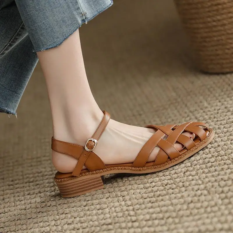 

2023 New Retro Women's Sandals Roman Literary Style Hollow Female Shoes Summer Solid Color Thick Heels Flat Bottom Ladies Shoes