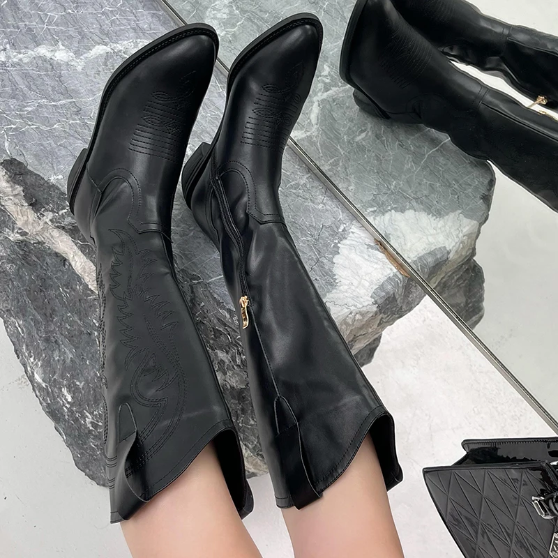 

Spring Autumn 2022 New Fashion Ladies Low Heels Boots Zippers Women Knee High Boot Female Pointed Toe Chelsea Boots Casual Shoes