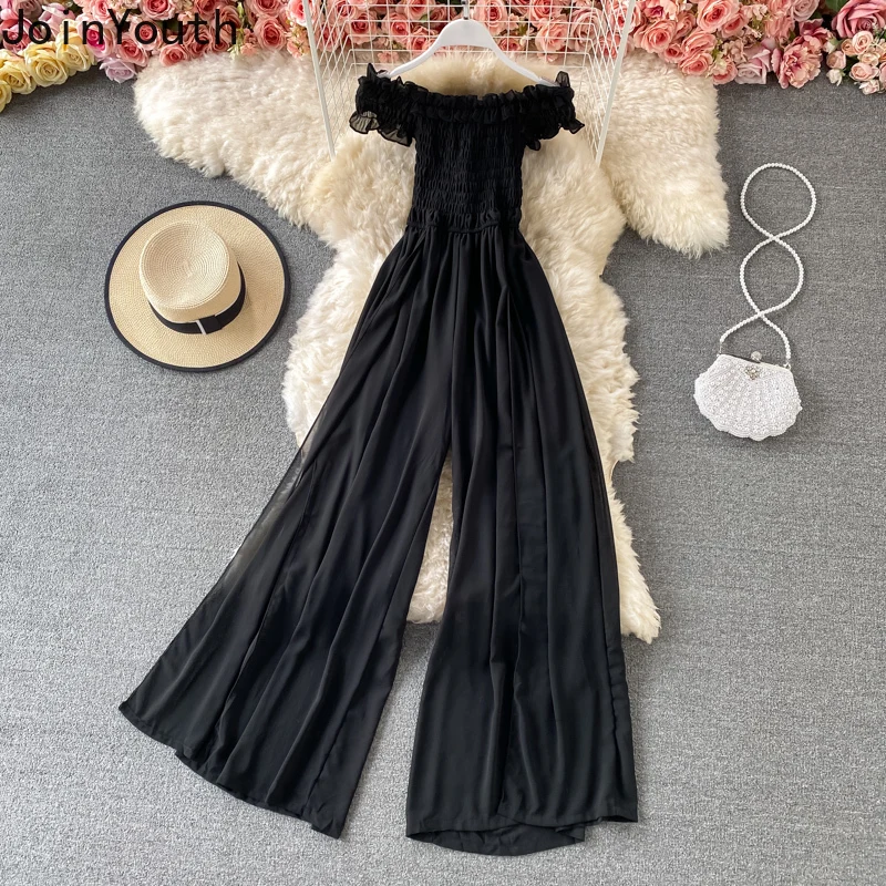 Женский комбинезон с вырезом-лодочкой широкие брюки со складками летний в