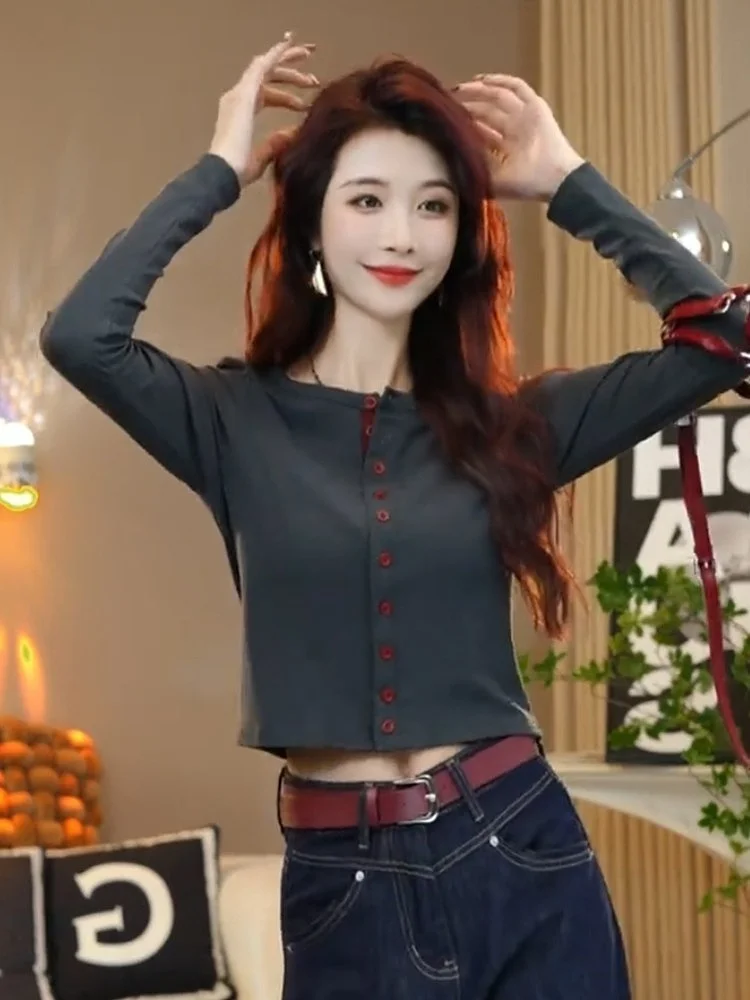 This Year's Popular Contrast Color round Neck Single-Breasted Long sleeves Shirt Women 2024 Autumn New Western Sle Slimming...