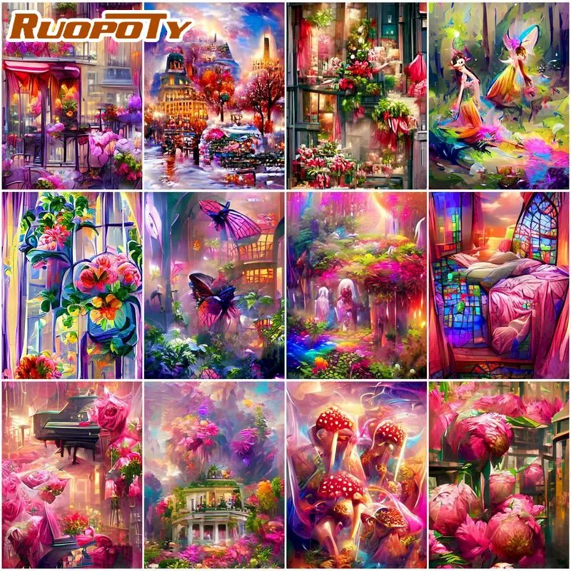 

RUOPOTY Paint By Number Pink Magic Fairyland Drawing On Canvas Art Gift DIY Pictures By Number Kits Home Decoration