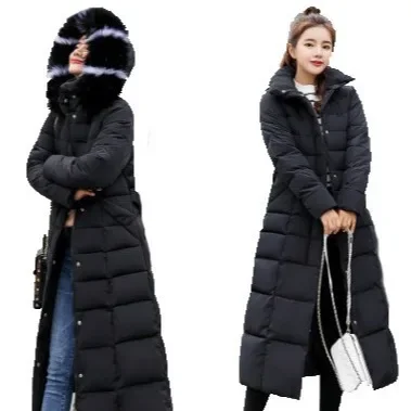 Утолщенное хлопковое пальто женское длинное утягивающее с большим воротником