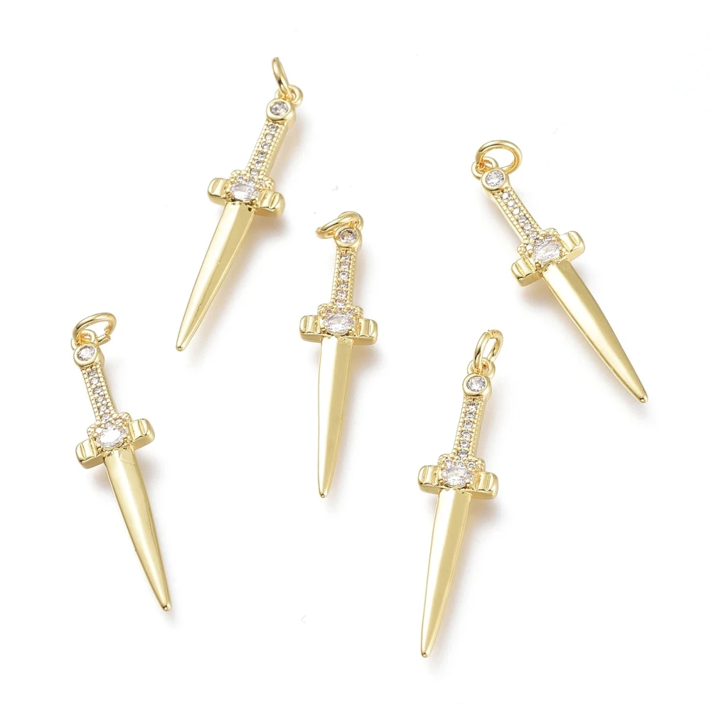 

10pcs Brass Micro Pave Clear Cubic Zirconia Sword Pendants for jewelry making bracelet necklace Crafts Decor,35x8x2.5mm,Hole:3mm