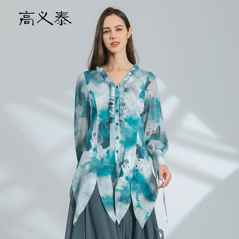 

High End Silk Ink Splash Print Streetwear Woman V-Neck Party Shirts Petal Hem Long Sleeves Casual Blouses Loose Tops Chic BY161