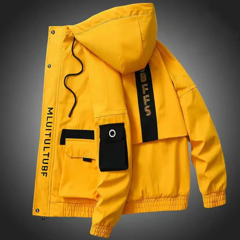 

2022 Spring Autumn Patchwork Streetwear Jackets Men Big Hooded Casual Loose Print Windbreaker Jacket Male Hip Hop Coat homme