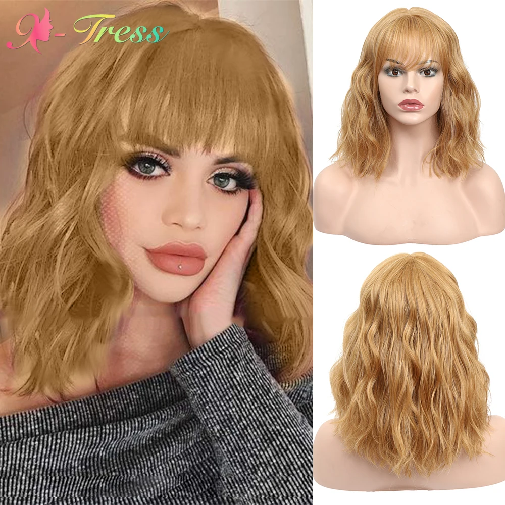 

X-TRESS Short Wave Bob Wigs with Bangs 14 Inches Honey Blonde Synthetic Wig for Women Machine Made Party Cosplay Lolita Wig