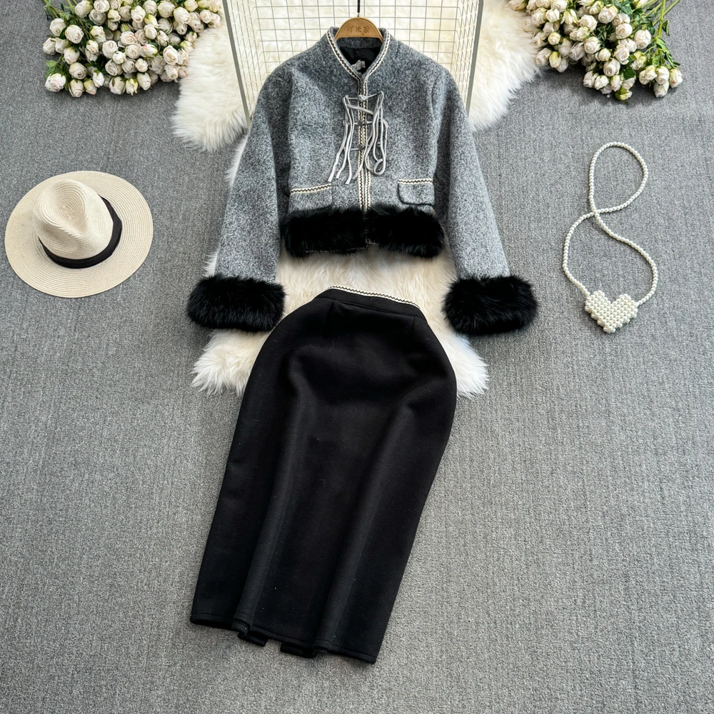 Модный комплект для женщин в стиле ретро Изящный шерстяной пиджак с рукавами из