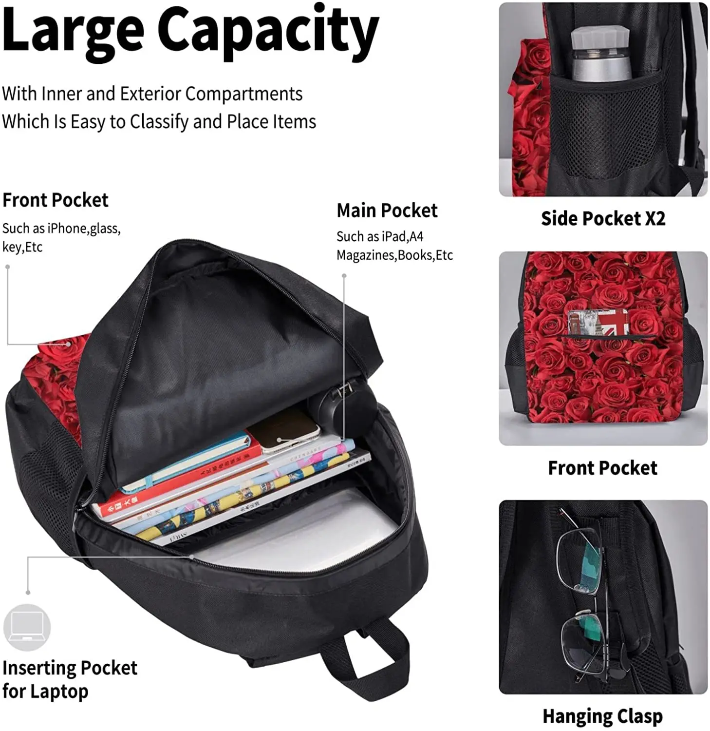 3Pcs Red Rose Backpack Set with Lunch Box Pencil Case, School Book Bag for Preschool Kindergarten Elementary Kids Boys Girl