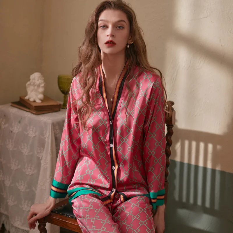 Fashion women long sleeve pajamas fall ice silk printed long-sleeved pants suit fashion pajamas
