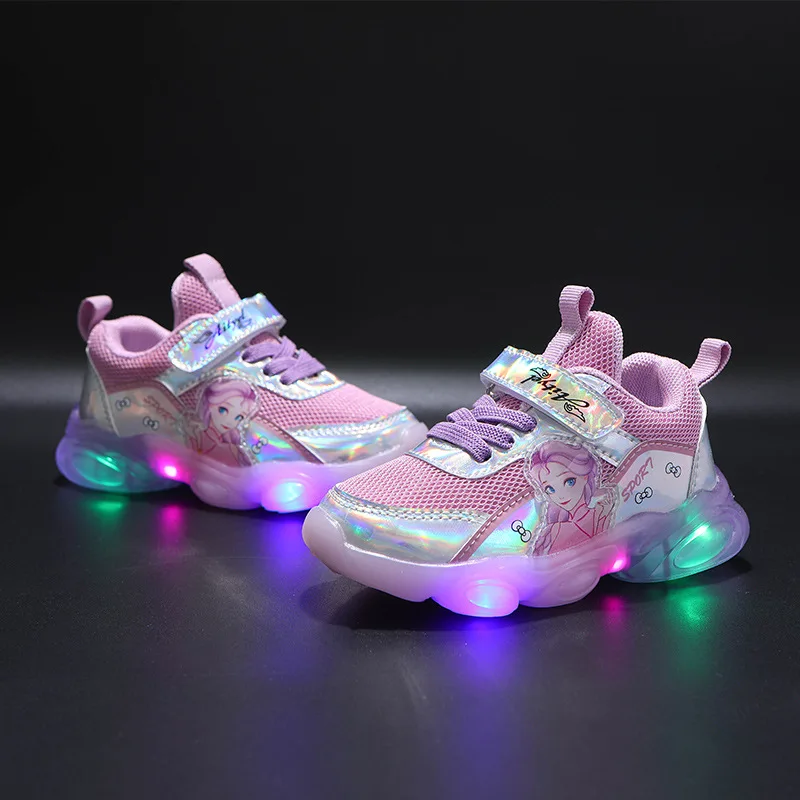 

Disney Children's Led Light Shoes Sneakers Frozen Spring and Summer New Mesh Breathable Princess Casual Shoes