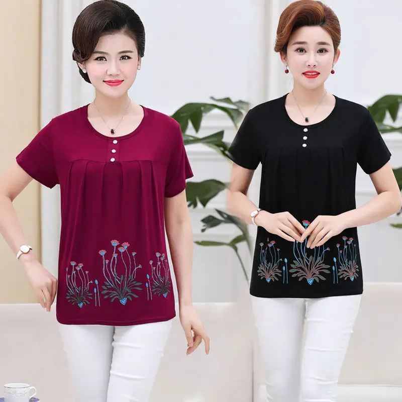 

Cotton Embroidery T Shirt Woman Summer Short Sleeve Tees O Neck Woman T Shirts Loose Korean Style Womens Clothes T-shirts E89