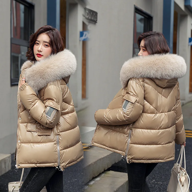Bright Leather Cotton Coat Women's Winter Wear 2022 New Cotton Coat Wool Collar PU Cotton-padded Jacket Bread Clothing