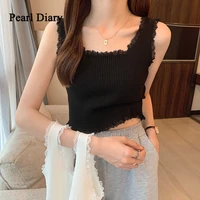 pearl diary summer basic solid crop tops tank tops women sexy lace up crop tank top for women square neck plain crop tops