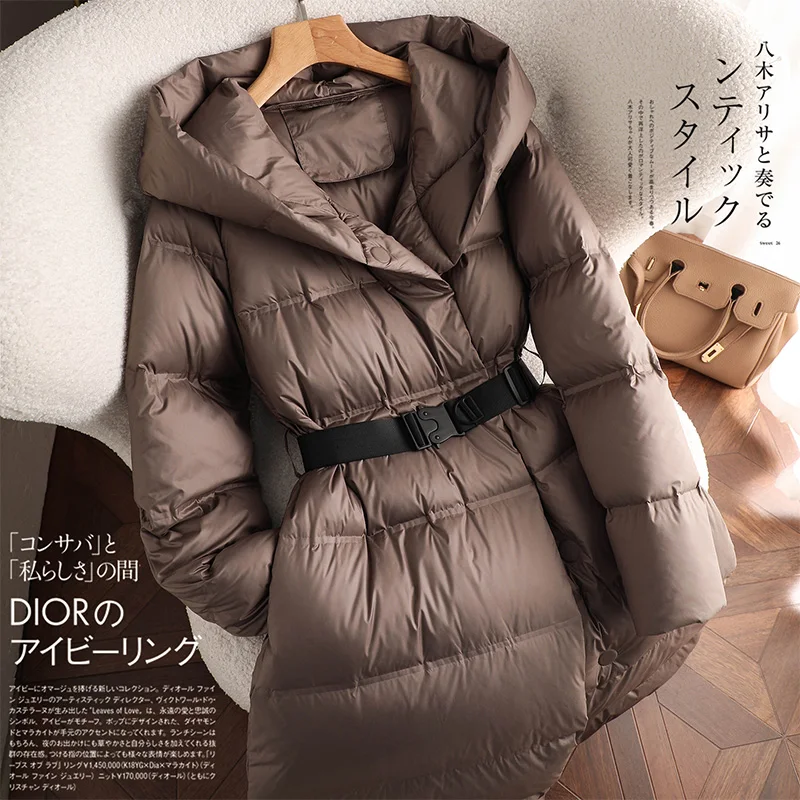 Fashion Design New Abrigos Mujer Invierno 2022  Winter Coat Women  90%  White Duck Down  Long  Luxury  Magnetic Clasp Hood