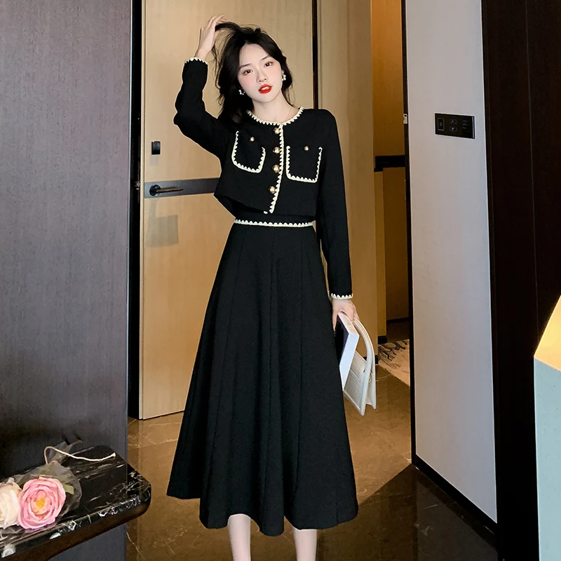 

2022 Autumn Winter Two Piece Set Women Winter Long Sleeve OL Black Short Coat and Short Skirt Set Outfit Top and Skirts Sets