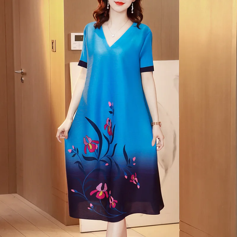 

Летние платья для женщин 45-75 кг 2021 свободное плиссированное платье миди с V-образным вырезом и коротким рукавом и принтом