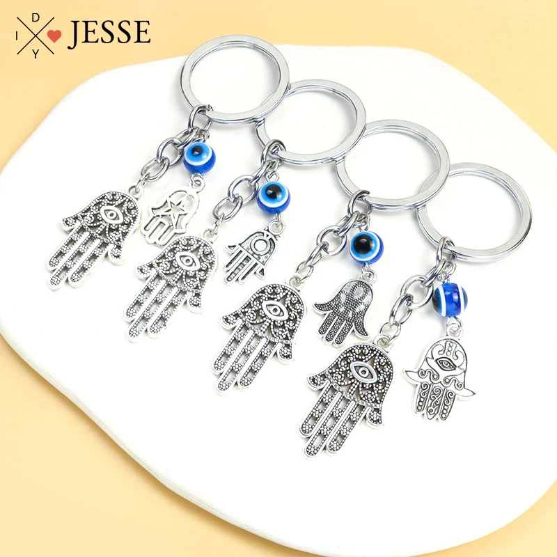 

Hamsa Fatima Hand Alloy Keychain Turkish Blue Evil Eye Beads Pendant Keyring for Women Men Bag Car Key Holder Lucky Jewelry Gift
