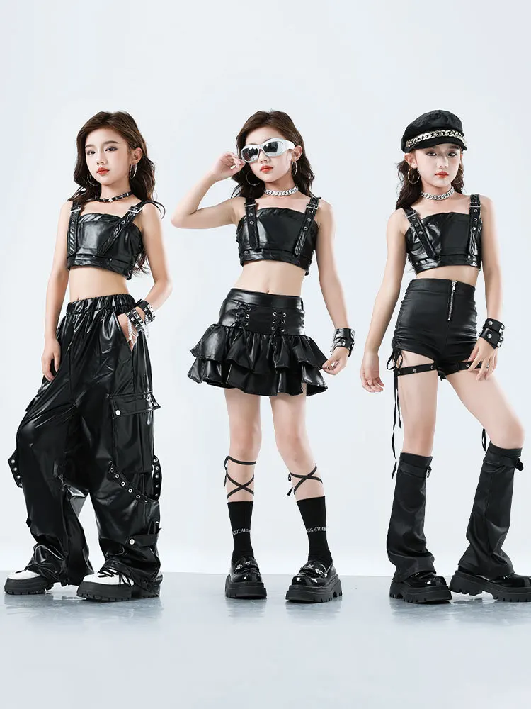 Фото Детская одежда в стиле хип-хоп Kpop, черная укороченная майка из искусственной кожи, многослойная юбка, брюки-карго, шорты с ремешком для девочек, танцевальный костюм, одежда №3