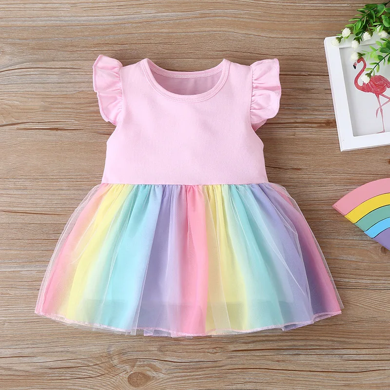

Cute Pink Girls Dresses Cotton Short Mini Children Rainbow Dress Summer Sleeveless Baby Dress Newborn Toddler Infant Dress 0-4Y