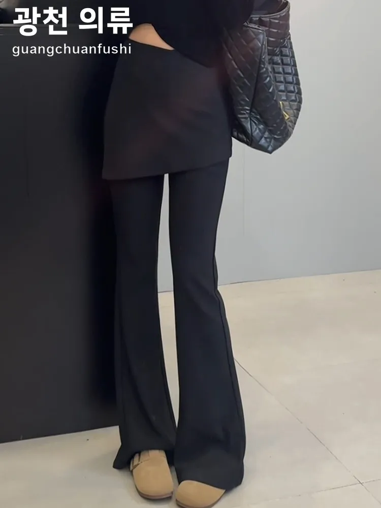 Большие размеры корейские брюки из двух частей черные повседневные с высокой