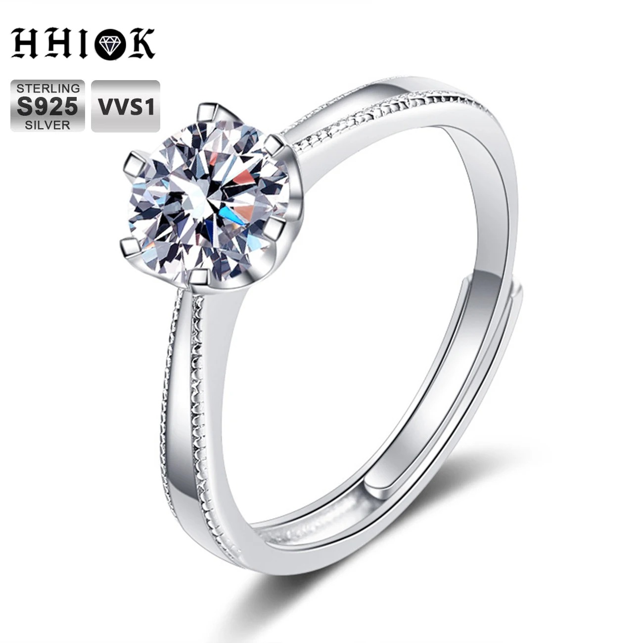 

HHIOK High Quality Jewelry Luxury Six Prongs Setting Moissanite Ring Sterling 925 Silver Woman Daily Wear Silver Ring