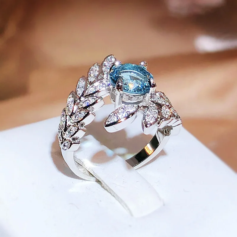 

S925 Sterling Silver Light Blue Sapphire Open Ring for Women Wedding Bands Feather Shape Sapphire Gemstone Ring Box Females