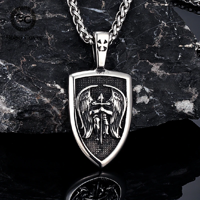 Norse St.michjael Angel Knight Cross Necklaces Men Titanium Steel Double-sided Viking Archangel Pendant Mythology Amulet Jewelry |