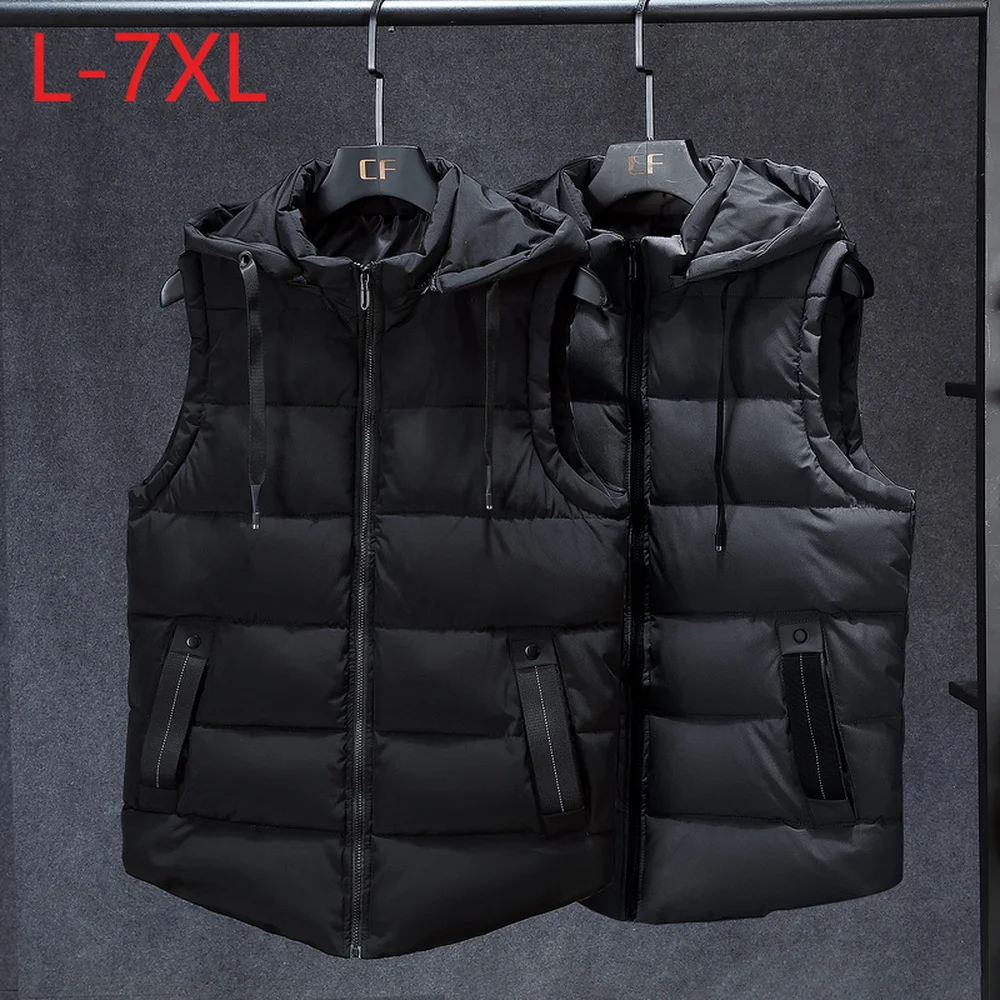 

New Stylish Winter Men Plus Large Size 7XL Vest Hat Detachable Sleeveless Jackets Thick Parka for Men Unisex Waistcoat Unloading