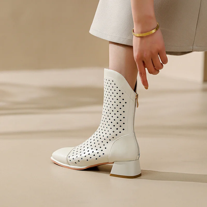 

Boots Spring Summer Round Toe Breathable Split Leather Cut-Outs Gladiator Botas Zippers Shoes Roman Style Zapatos Mujer