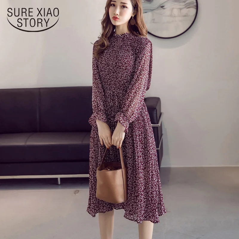 

Red Women Dress 2022 Spring Autumn Floral Print Empire Midi Pleated Chiffon Dresses Flare Sleeve Stand Collar Vestidos 8634 50
