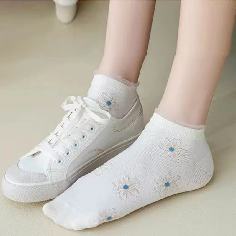 10 Pairs Print White Socks Women Kawaii Summer Short Mesh Transparent Cotton Socks Ankle Happy Fish Net Sexy Thin Calzini Donna