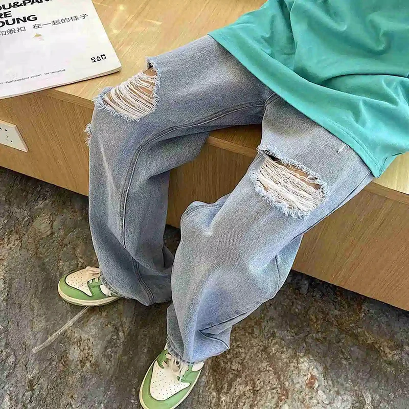 Vintage Streetwear  Dark Gray Ripped Jeans For Man High Street Hip-Hop Design High Waist Loose Straight Wide Leg Jeans Unisex