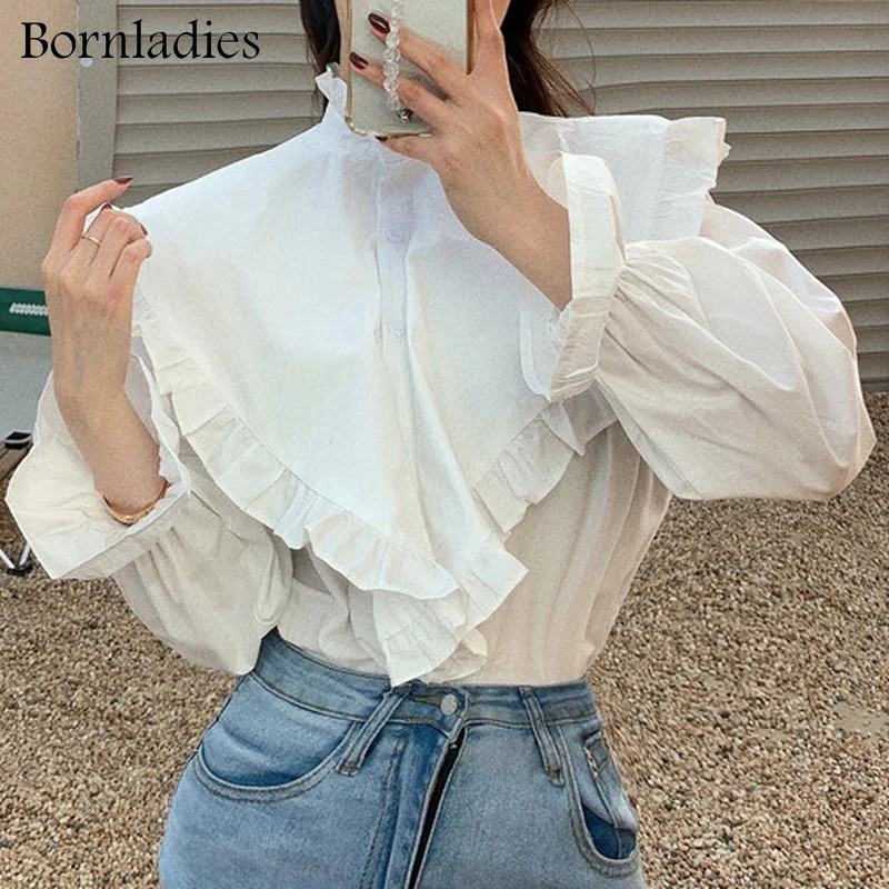 

Bornladies 2022, Весенняя женская рубашка, корейский стиль, с длинным рукавом, с оборками, полувысокий воротник, грибковый край, тонкая однотонная б...