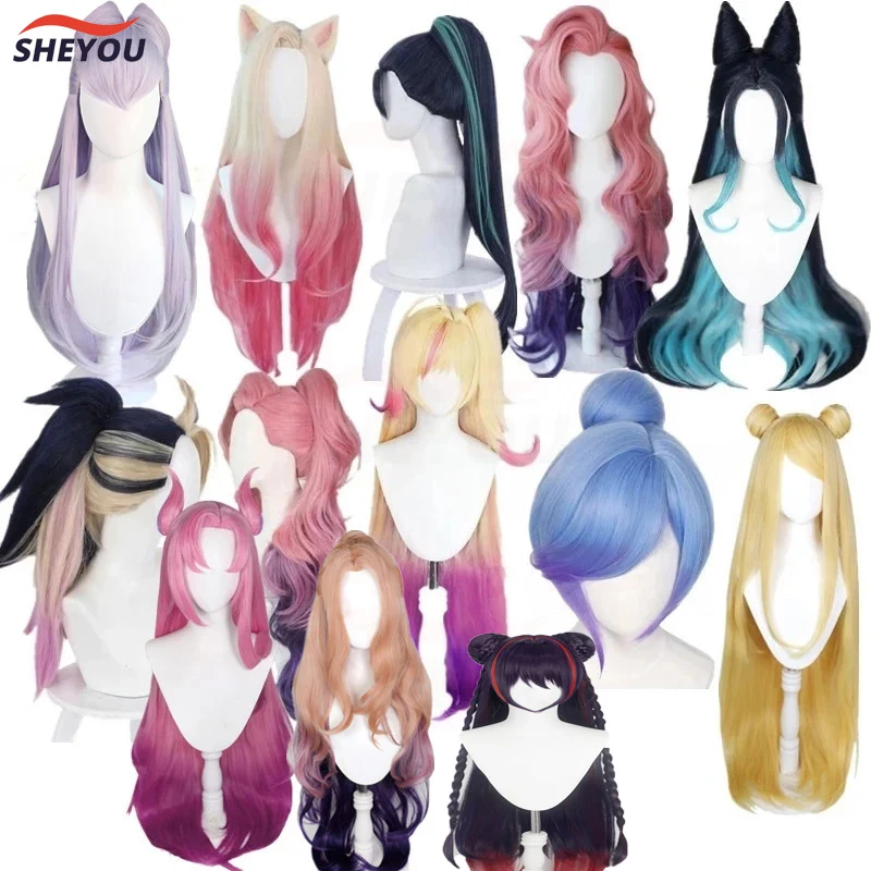 LOL KDA The Baddest Ahri Akali Kaisa Evelynn Seraphine Syndra Orianna Cosplay Costume Wigs Women Heat Resistant Wig + Wig Cap