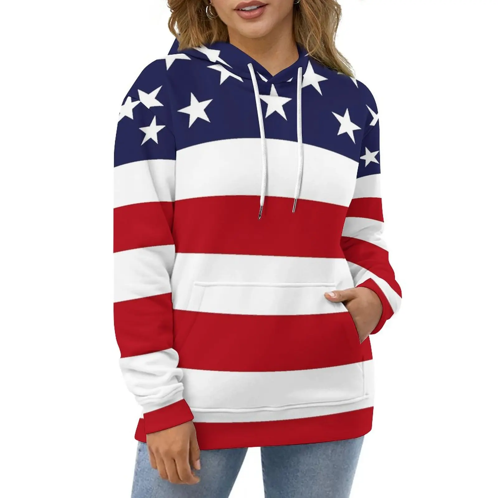 

American Flag Hoodies Long Sleeve White Stars Print Trendy Casual Hoodie Autumn Street Fashion Oversize Loose Hooded Sweatshirts