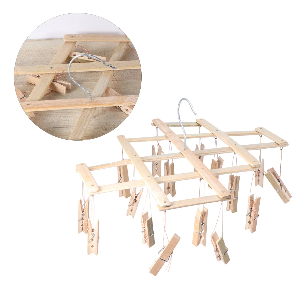 

Clip Hangers Windproof Clothespin Hook 42*18cm 16 Pegs Drying Rack Swivel Hooks Bamboo Sock Baby