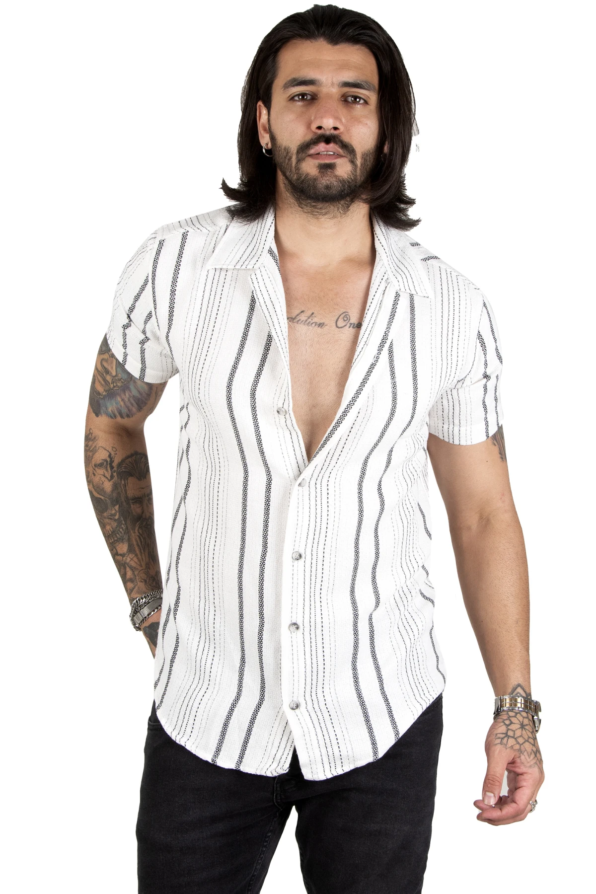 DeepSEA line patterned buttoned apac collar raw linen short sleeve men's shirt 2201913