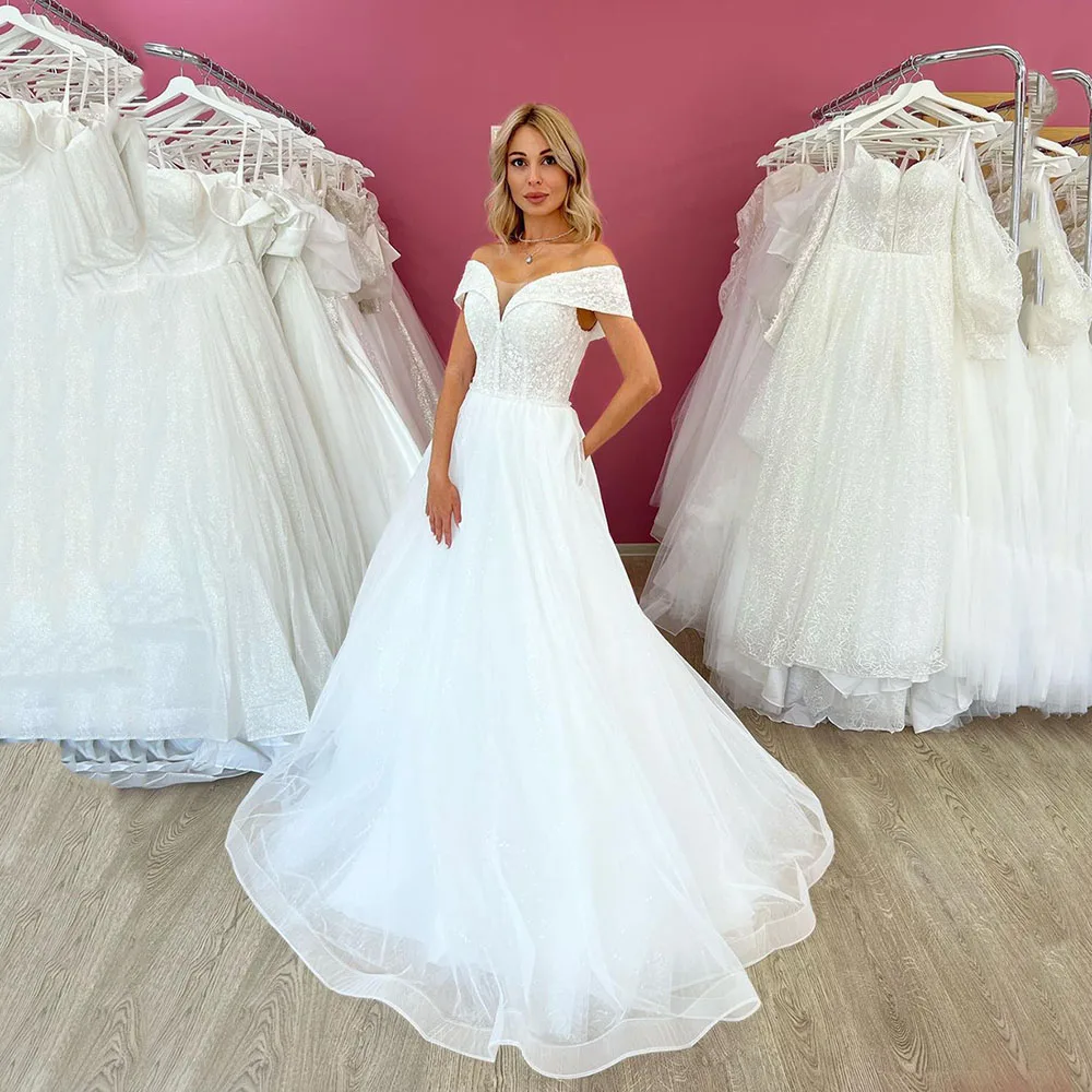 

Msikoods Dubai Wedding Dresses A Line Off The Shoulder Bridal Dress With Pocket Lace Appliques Organza Wedding Gowns For Bride