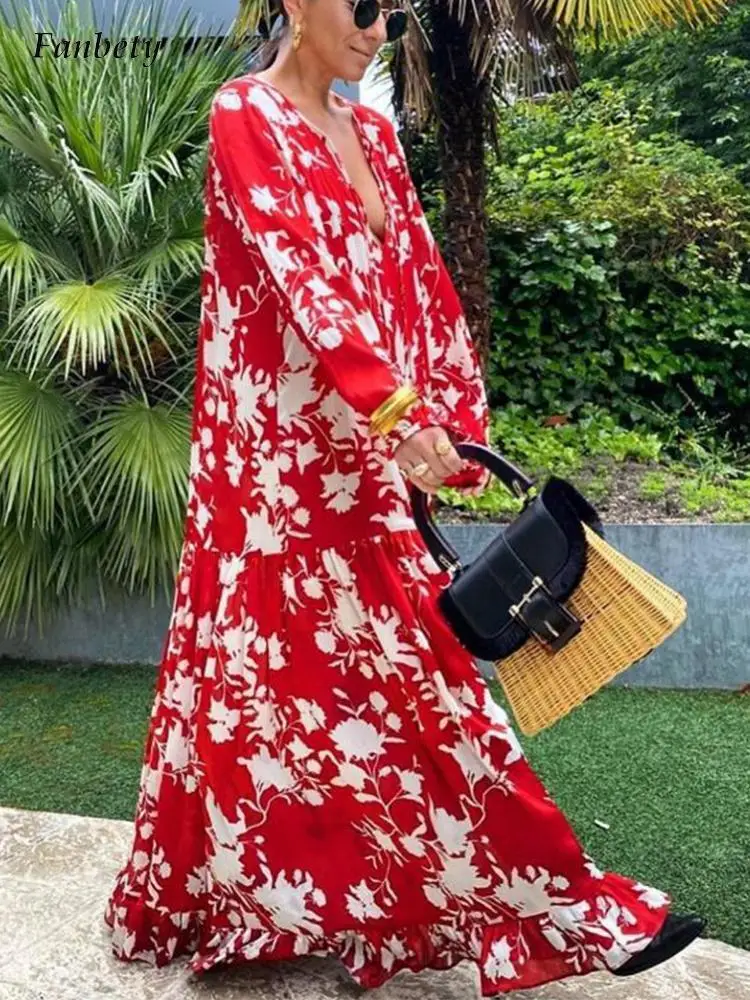 

Весеннее элегантное свободное платье Бохо с цветочным принтом, женское сексуальное летнее повседневное длинное пляжное платье с V-образным...