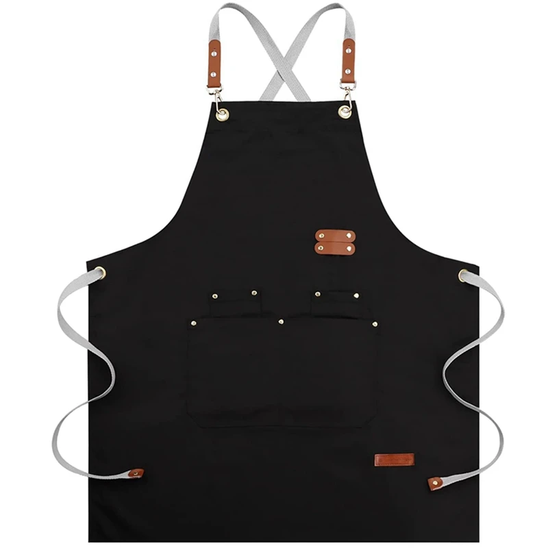 

4-кратный фартук шеф-повара с перекрестной спинкой для мужчин и женщин, кухонные фартуки с регулируемыми лямками и большими карманами (черный)